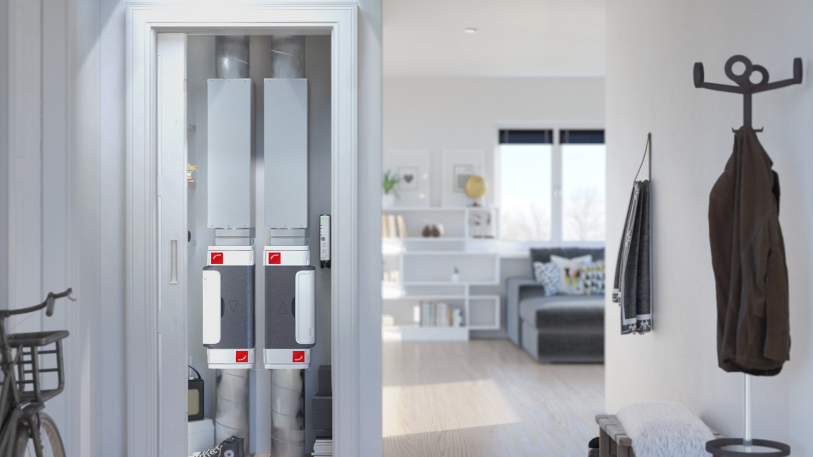 Rendering Zehnder ComfoVar Aero Comfortable indoor ventilation Front view