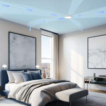 Bedroom with Comfo Valve Luna, Coande Effect on the ceiling, air flow visualised, light and blue pastel colours, base image AdobeStock_597522146,