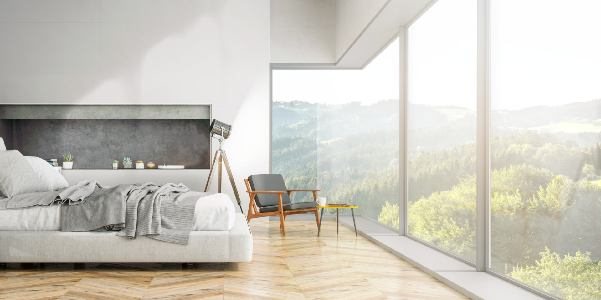 modern slaapkamerinterieur met zicht op de natuur