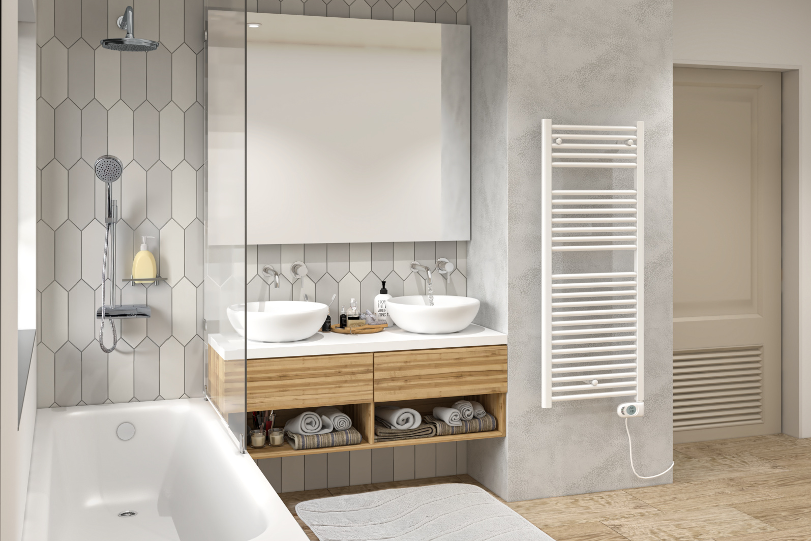 Rendering Zehnder Aura Decorative radiator Angled view