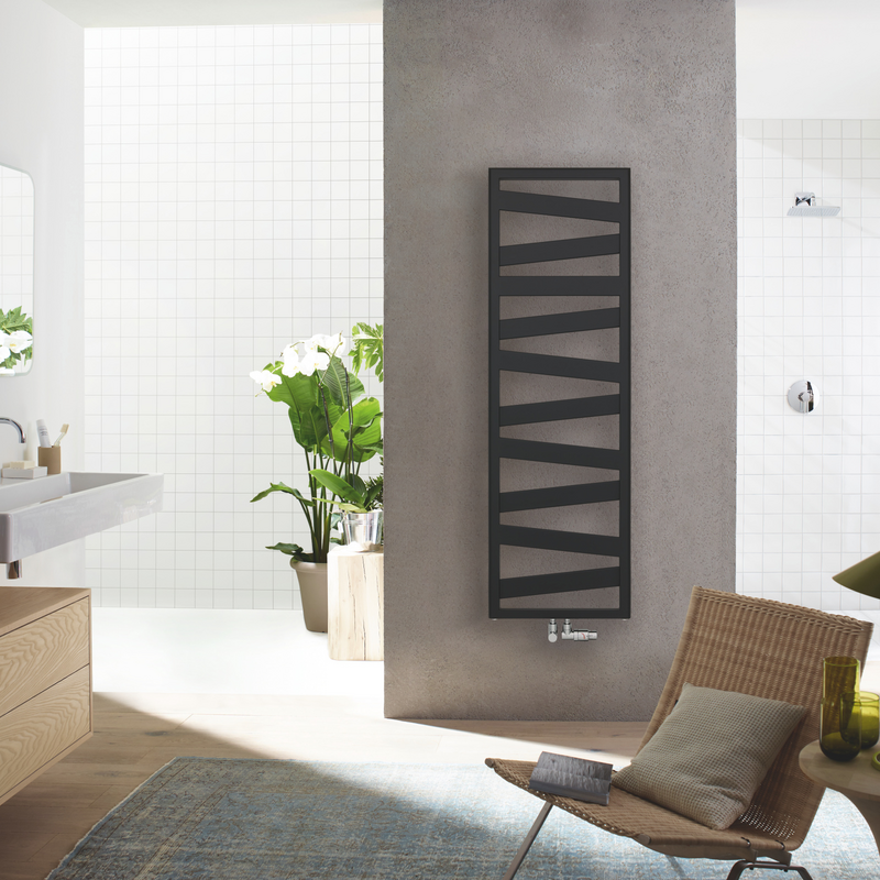 Zehnder_RAD_Ribbon-HY_160_050_black_Connection_Exclusive_chrome_middle_withChair_inInterior_print+web Rendering Decorative radiator